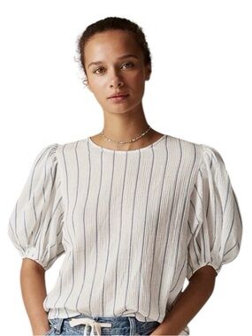 J. Crew White Gauze top with Light Blue Stripes and Puff Sleeves XS